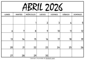 Calendario Abril 2026 Para Imprimir