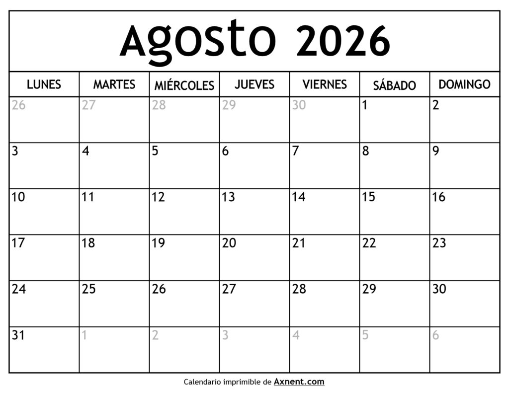 Calendario Agosto 2026
