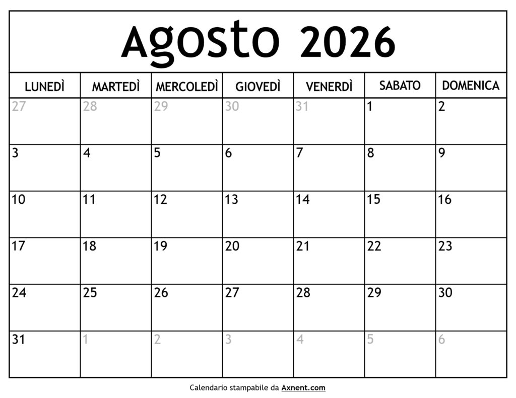 Calendario Agosto 2026
