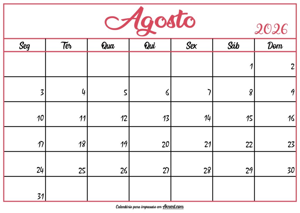 Calendário Agosto 2026