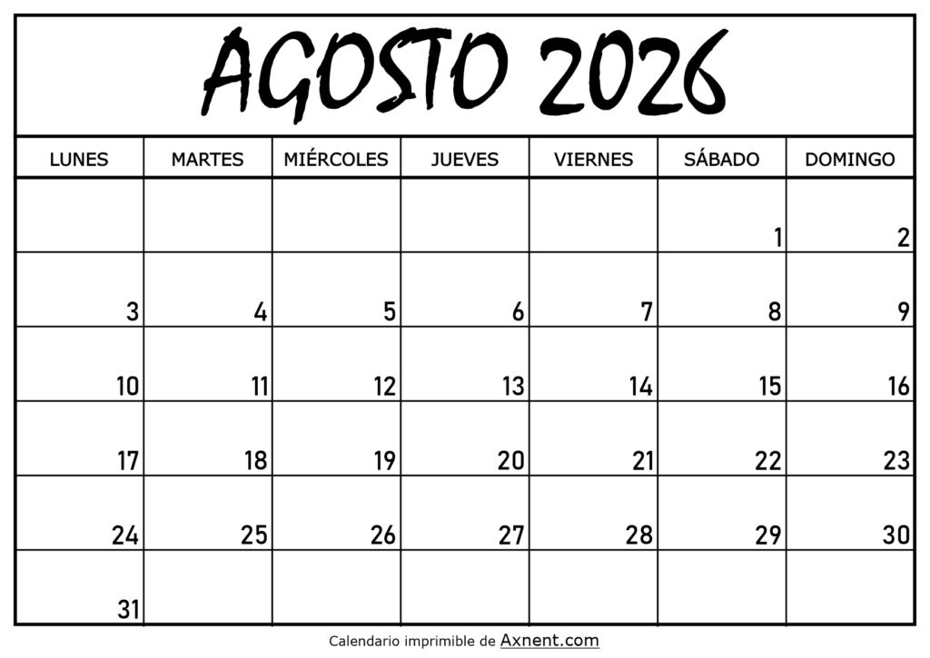 Calendario Agosto 2026 Para Imprimir