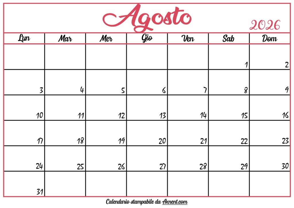 Calendario Agosto 2026 Stampabile