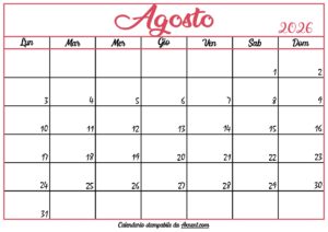 Calendario Agosto 2026 Stampabile