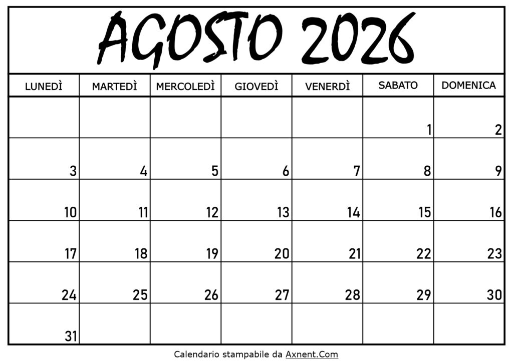 Calendario Agosto 2026 da Stampare