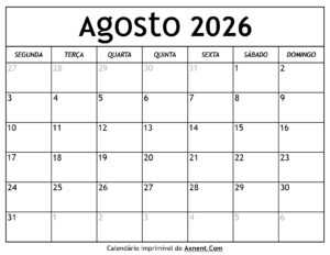 Calendário De Agosto De 2026