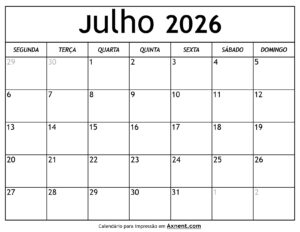 Calendário De Julho De 2026