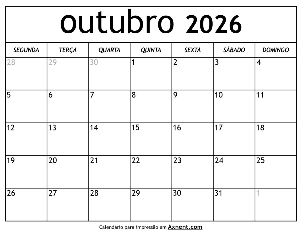 Calendário De Outubro De 2026