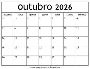 Calendário De Outubro De 2026