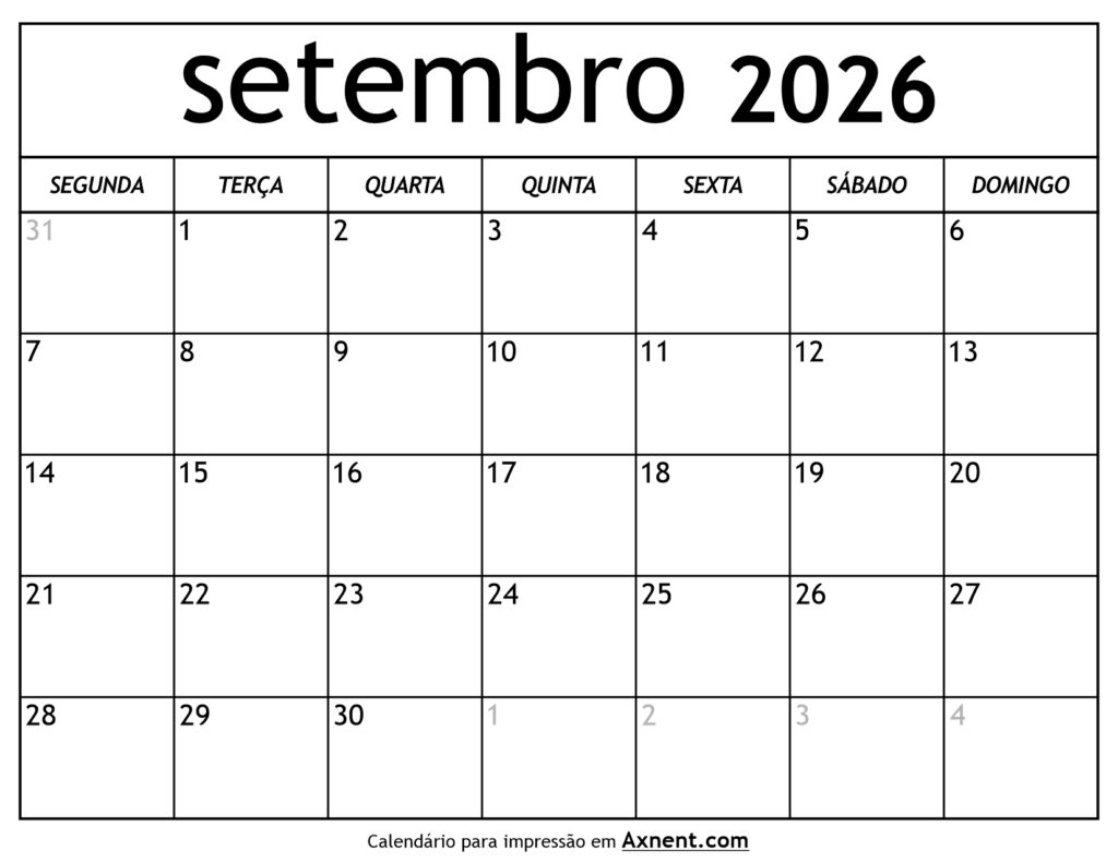 Calendário De Setembro De 2026