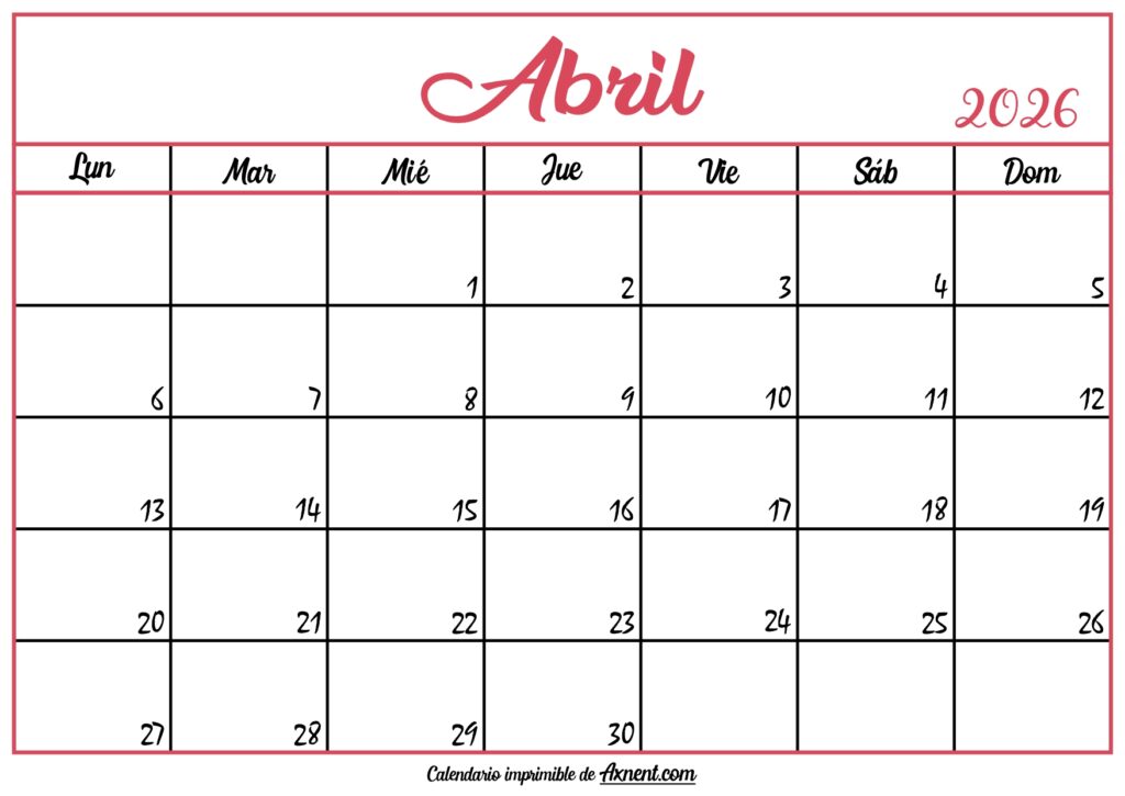 Calendario En Blanco Abril 2026