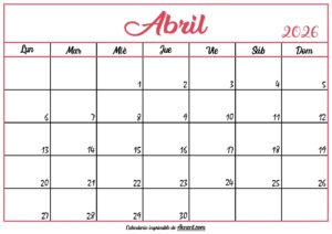 Calendario En Blanco Abril 2026