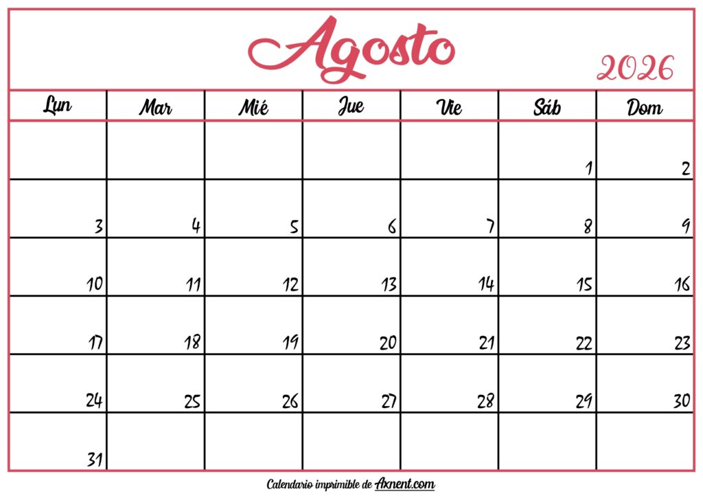Calendario En Blanco Agosto 2026