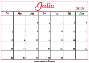 Calendario En Blanco Julio 2026