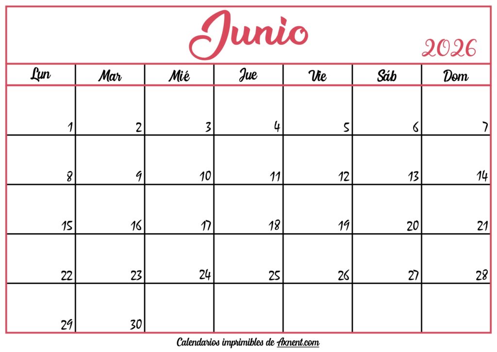 Calendario En Blanco Junio 2026