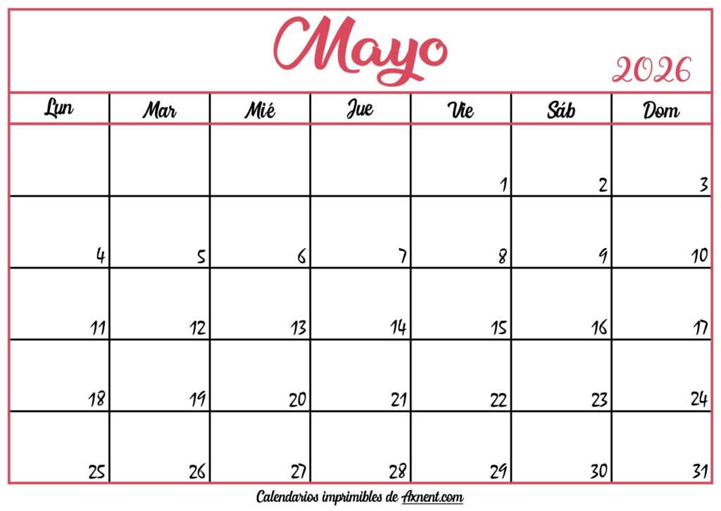 Calendario En Blanco Mayo 2026