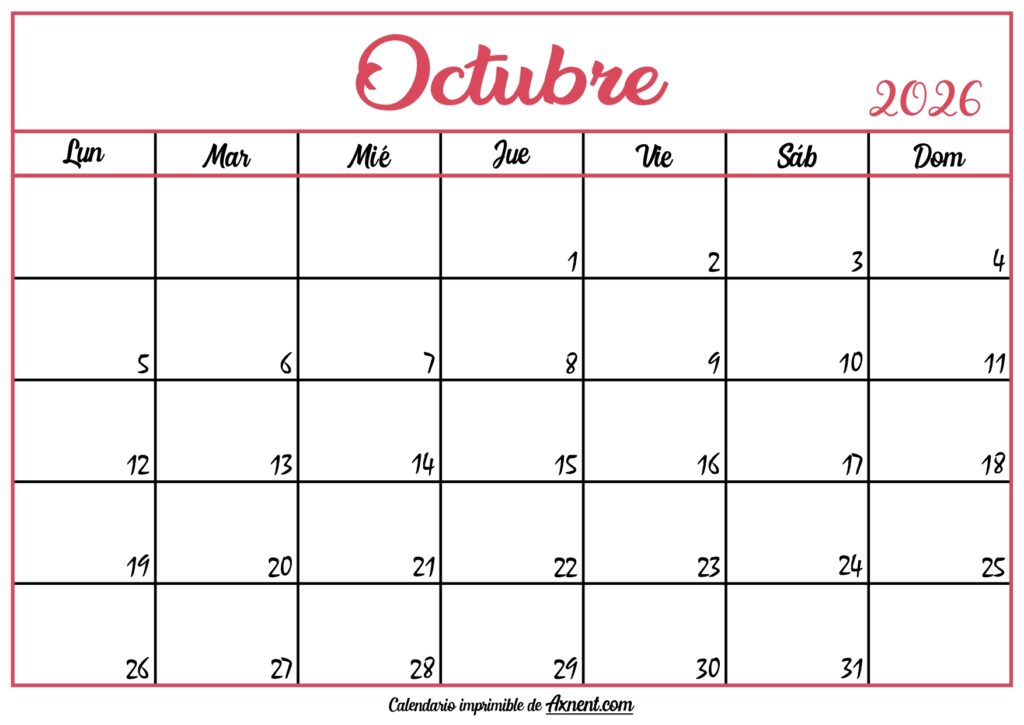Calendario En Blanco Octubre 2026