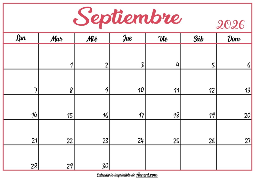 Calendario En Blanco Septiembre 2026