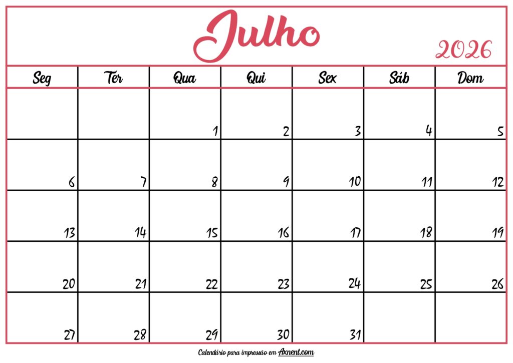 Calendário Julho 2026