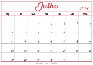 Calendário Julho 2026