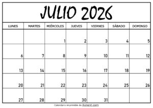 Calendario Julio 2026 Para Imprimir