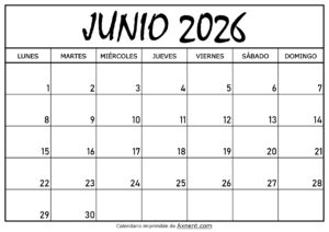 Calendario Junio 2026 Para Imprimir