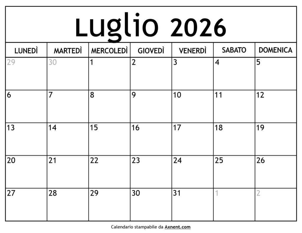 Calendario Luglio 2026