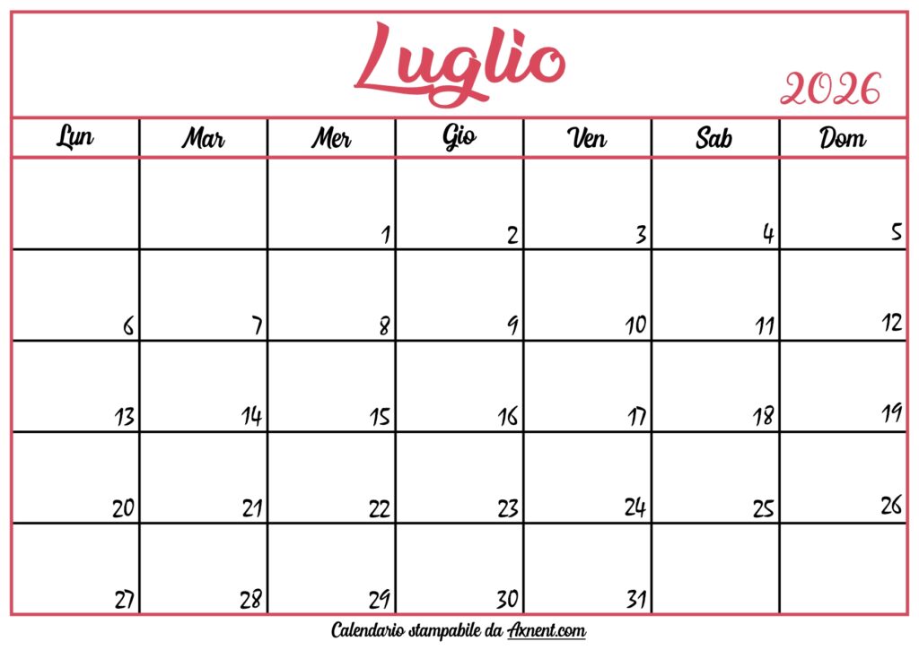 Calendario Luglio 2026 Stampabile