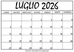 Calendario Luglio 2026 da Stampare