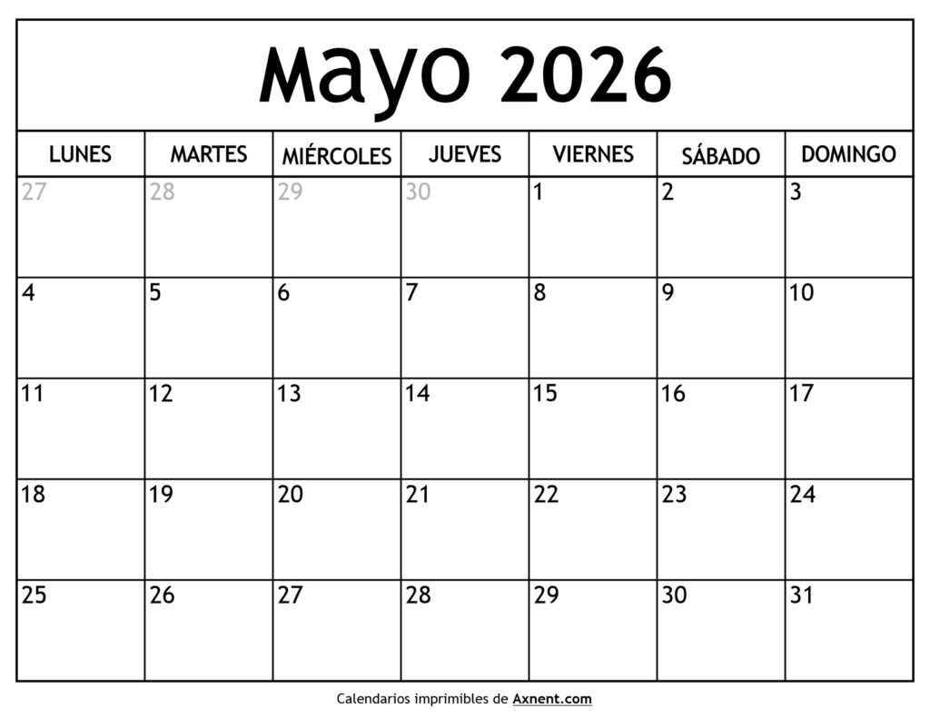 Calendario Mayo 2026