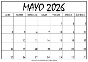 Calendario Mayo 2026 Para Imprimir