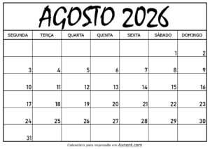 Calendário Mensal Agosto 2026