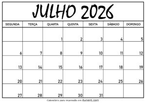 Calendário Mensal Julho 2026