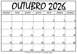 Calendário Mensal Outubro 2026