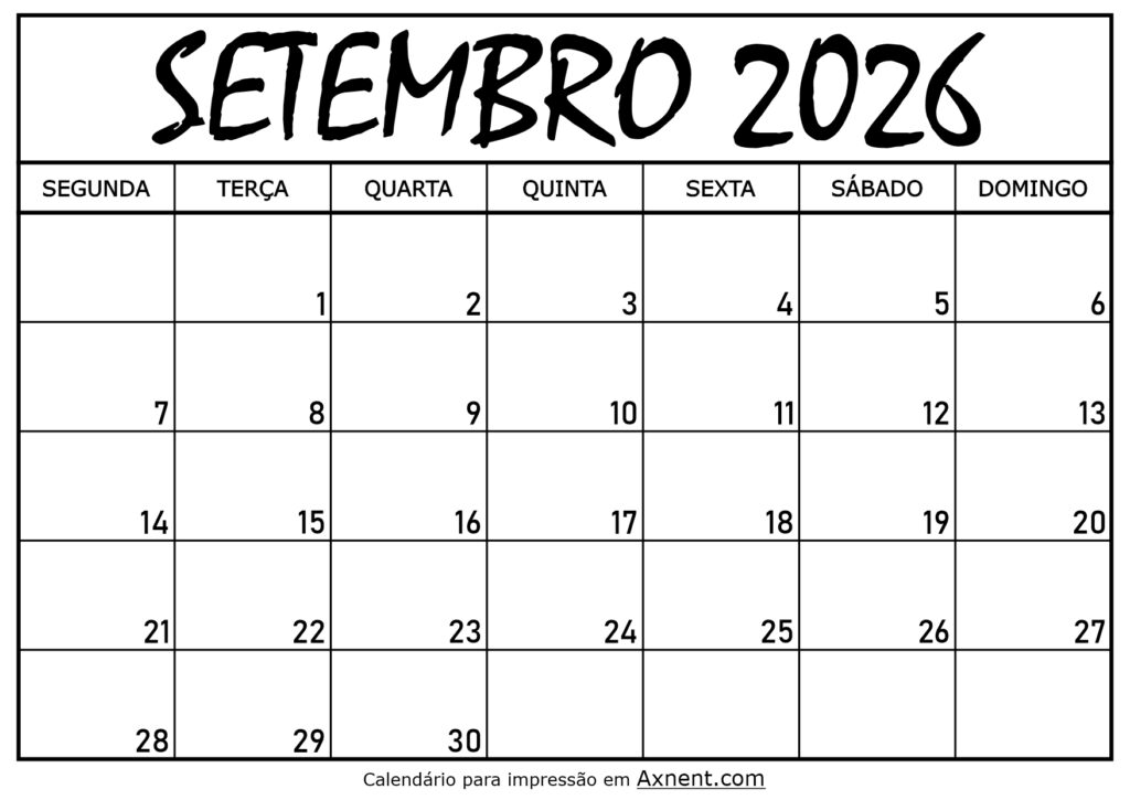 Calendário Mensal Setembro 2026