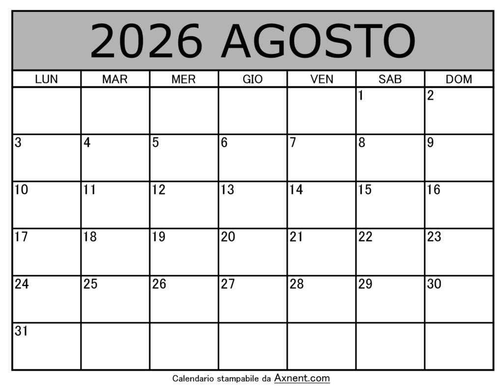 Calendario Mensile di Agosto 2026