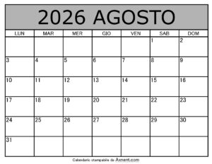 Calendario Mensile di Agosto 2026