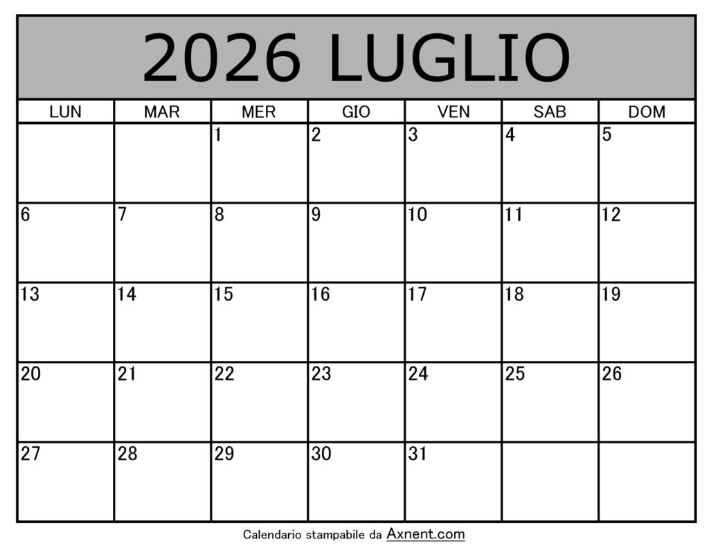 Calendario Mensile di Luglio 2026