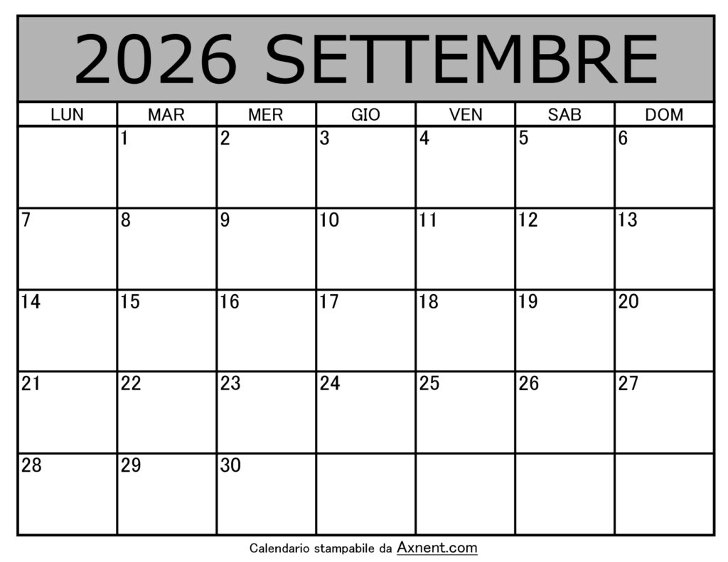 Calendario Mensile di Settembre 2026