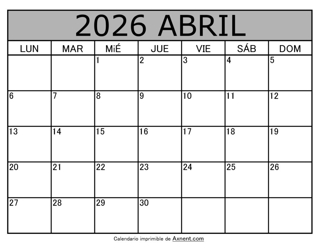 Calendario Mensual Abril 2026