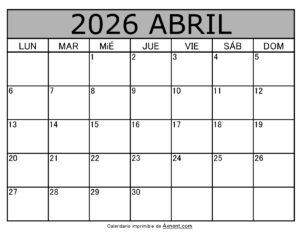 Calendario Mensual Abril 2026