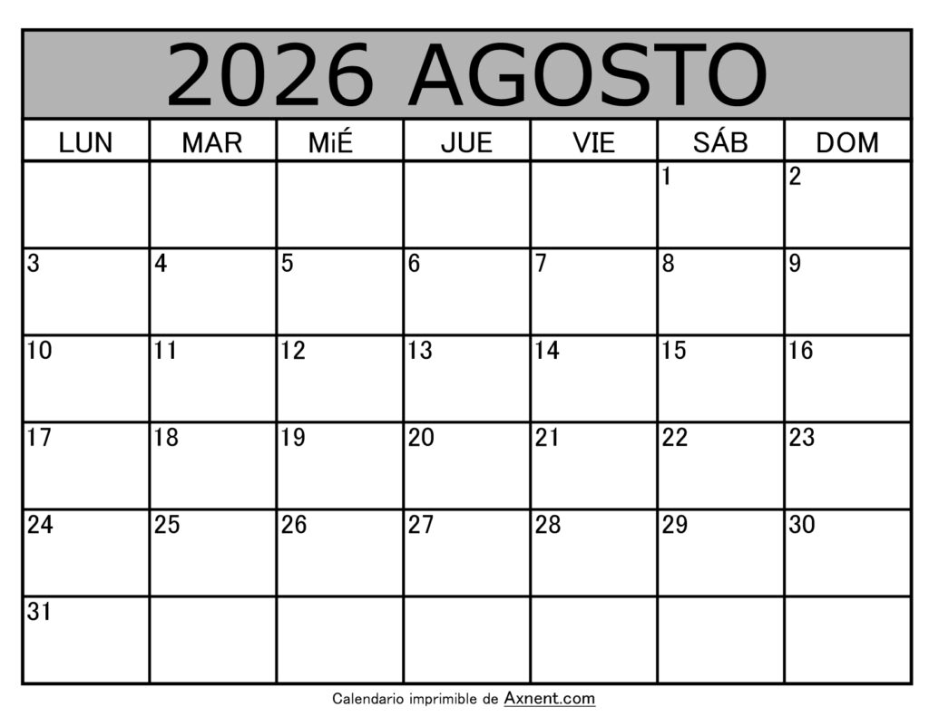 Calendario Mensual Agosto 2026