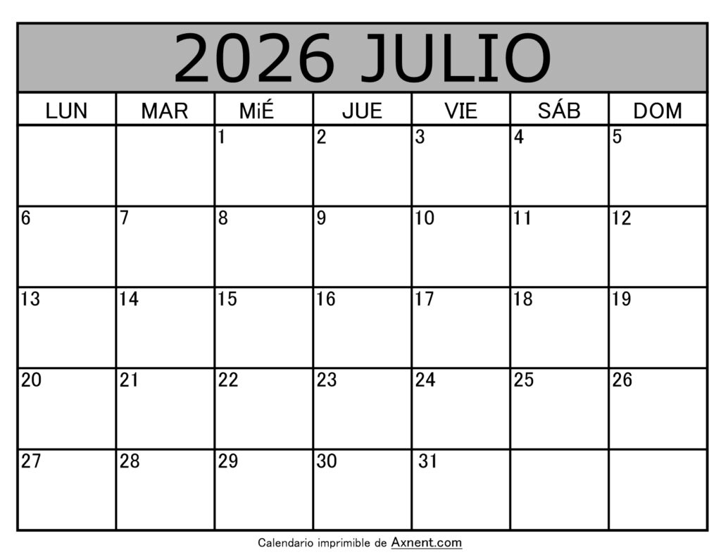 Calendario Mensual Julio 2026