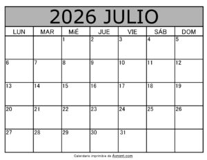 Calendario Mensual Julio 2026