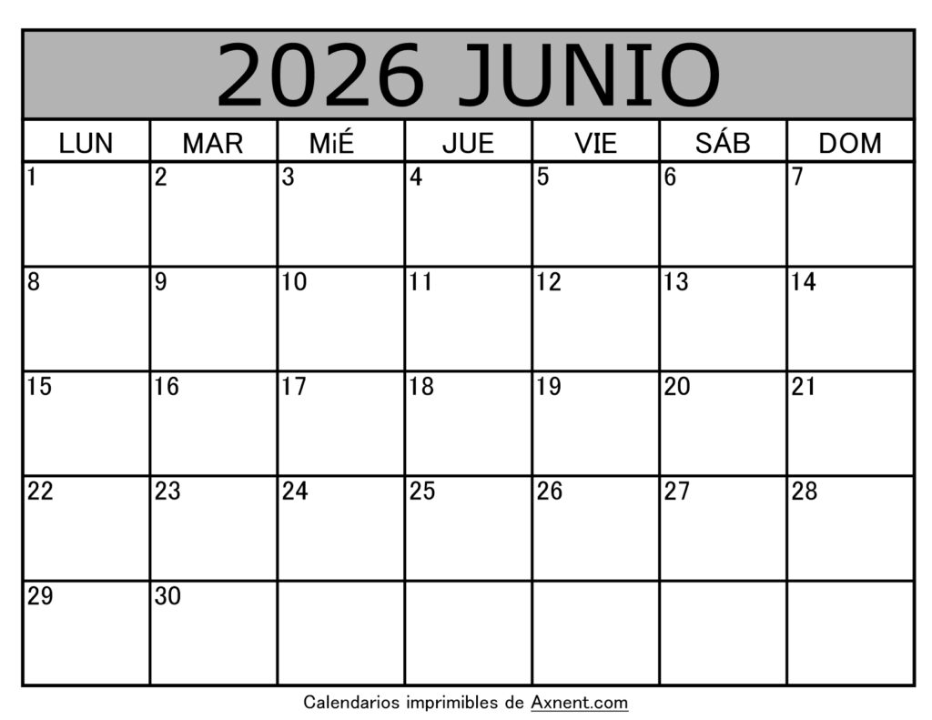 Calendario Mensual Junio 2026