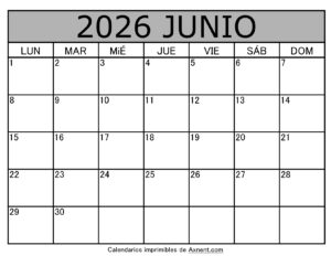Calendario Mensual Junio 2026