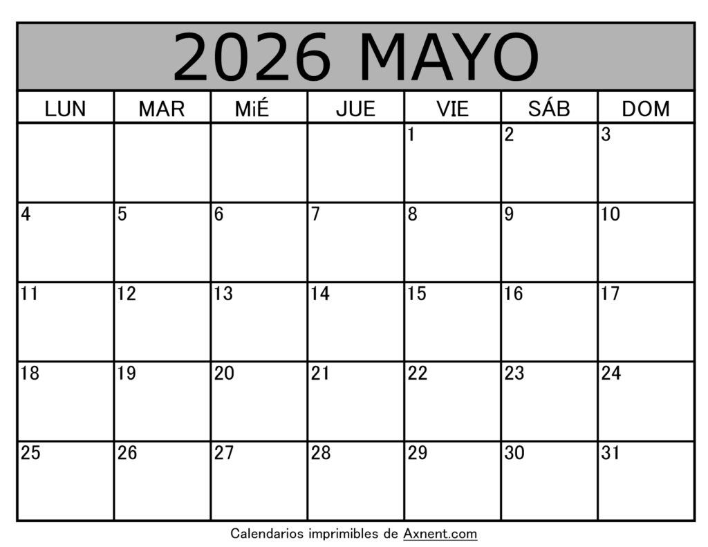 Calendario Mensual Mayo 2026