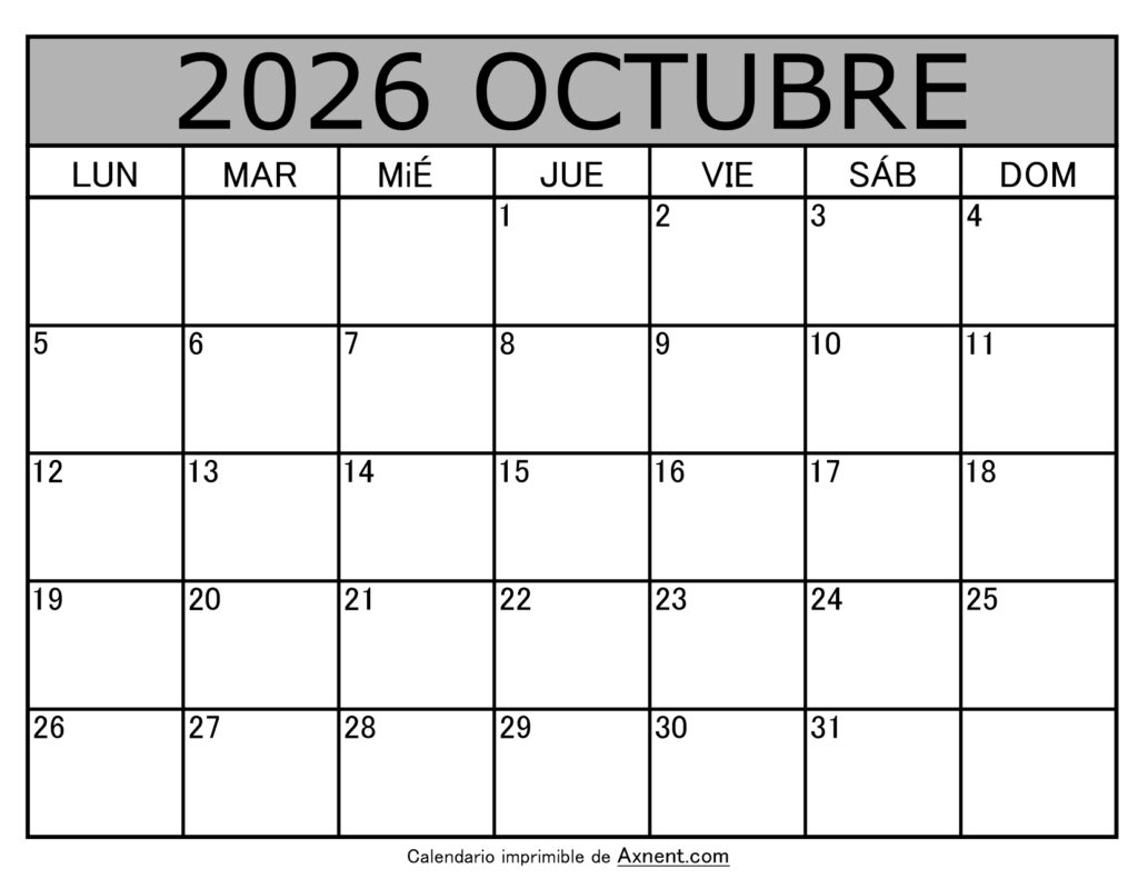 Calendario Mensual Octubre 2026