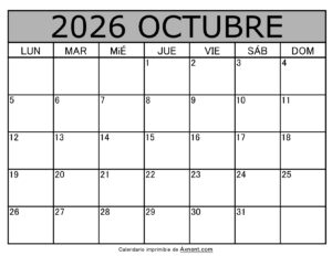 Calendario Mensual Octubre 2026