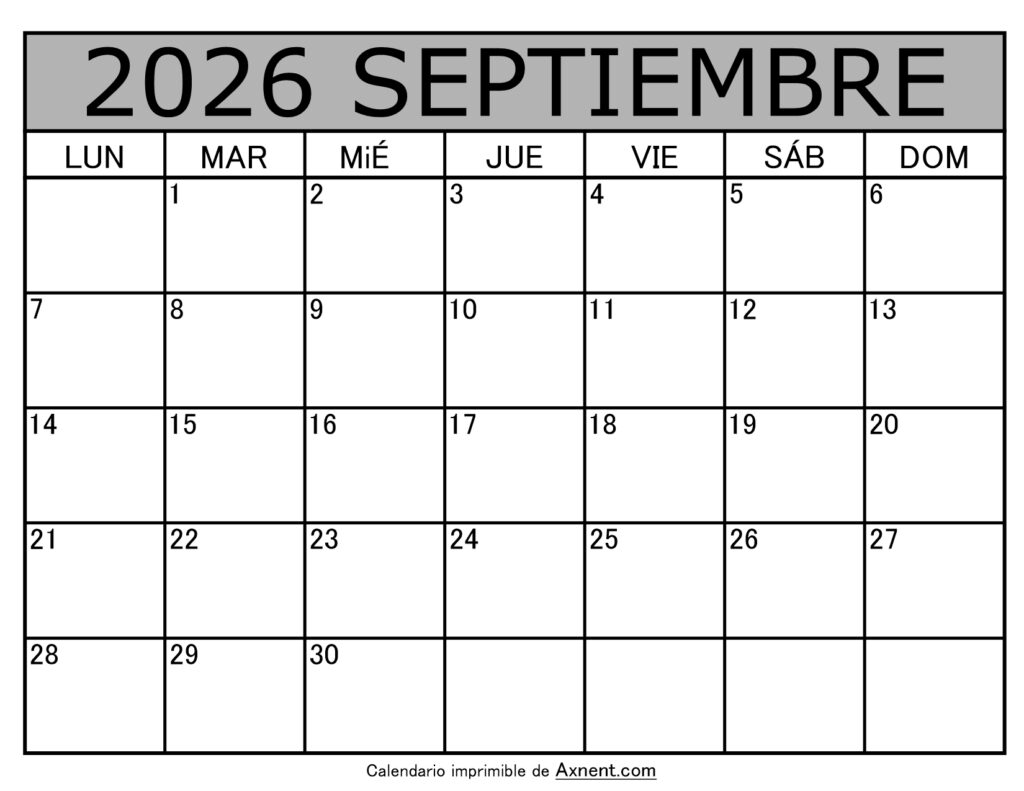 Calendario Mensual Septiembre 2026