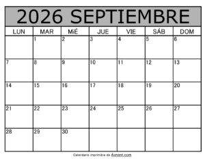 Calendario Mensual Septiembre 2026